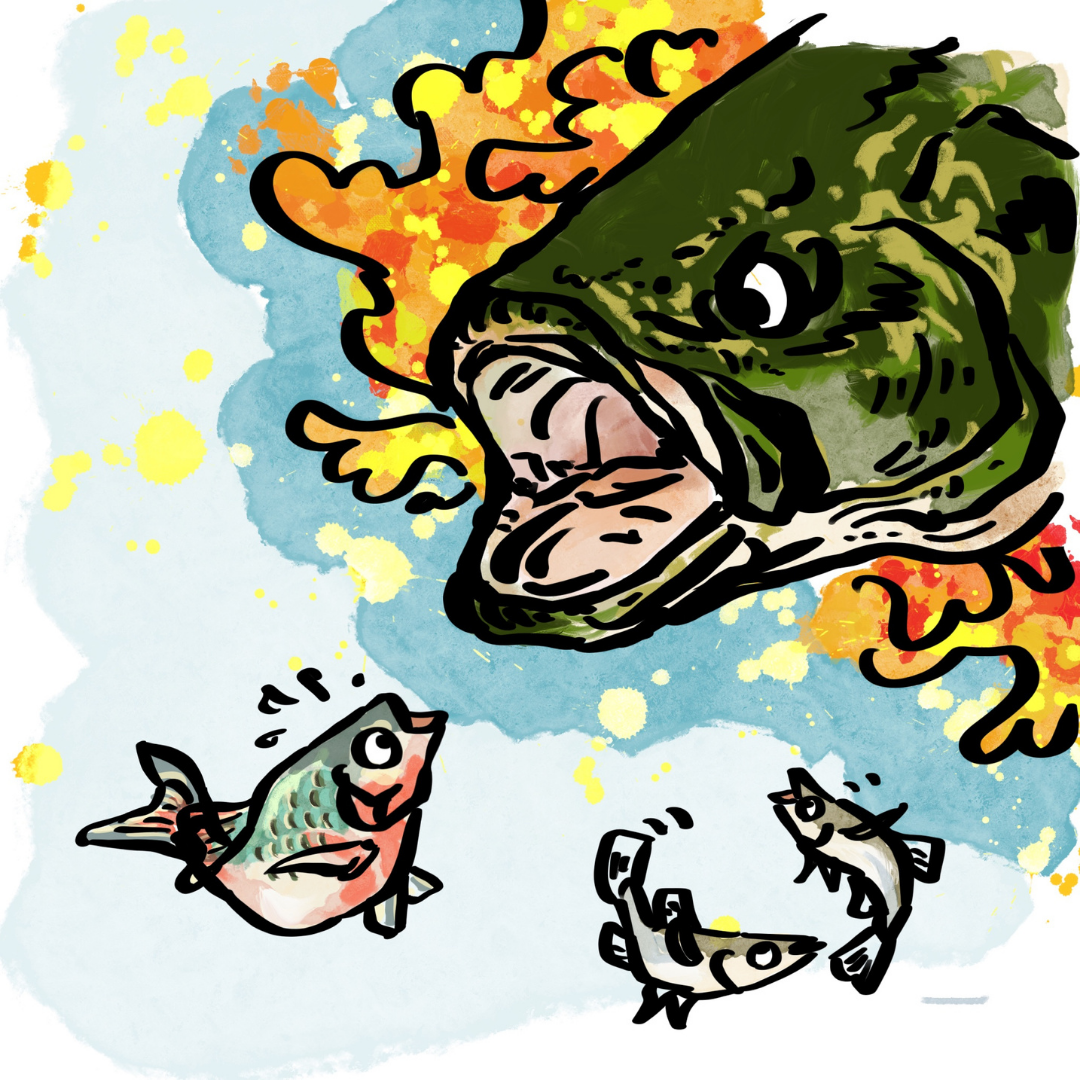 黒くて大きな影を持つブラックバス“オオクチ”が現れ、せせらぎを脅かす場面の迫力あるイラスト