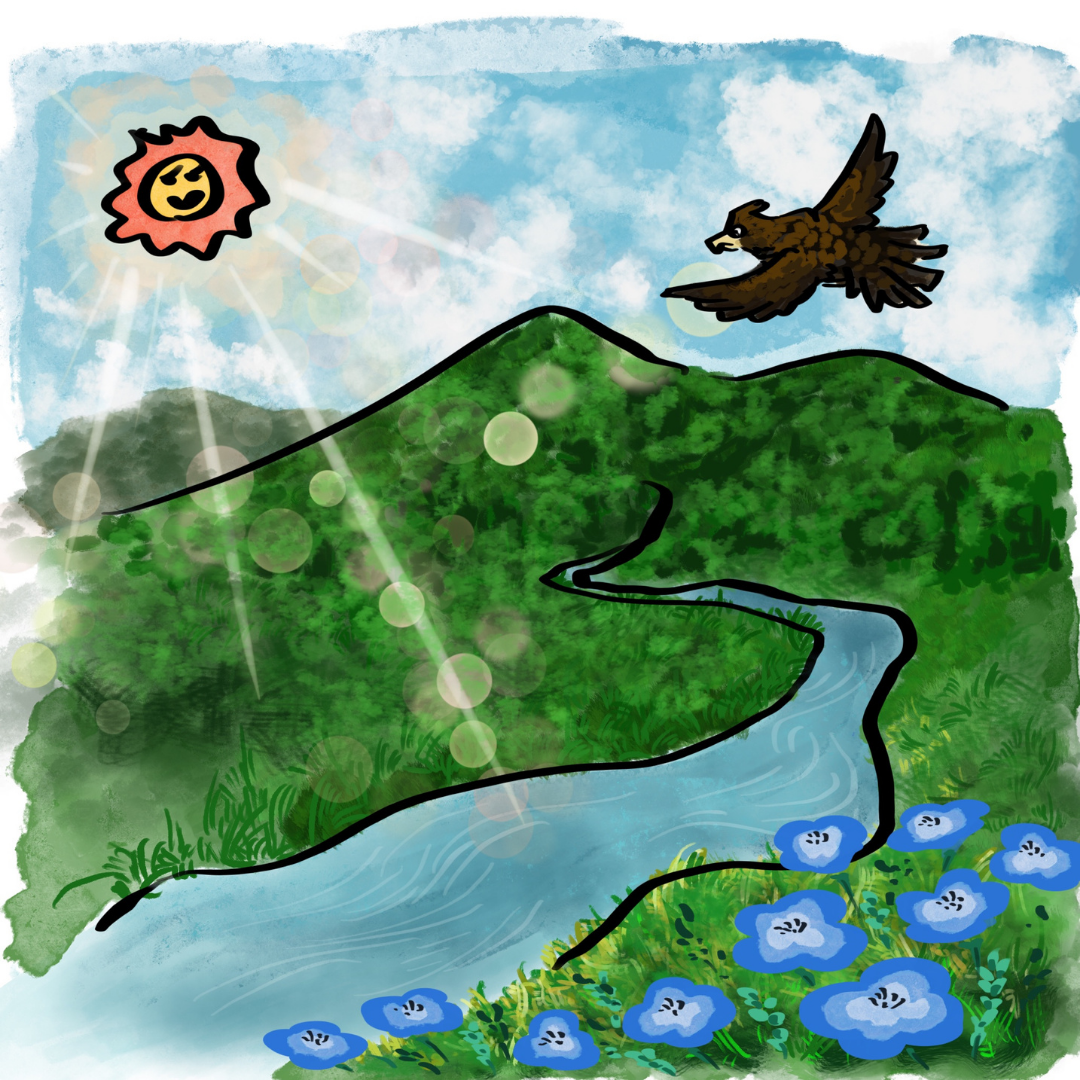 山間の小川で、おひさまの光が水面にきらきら反射する情景イラスト