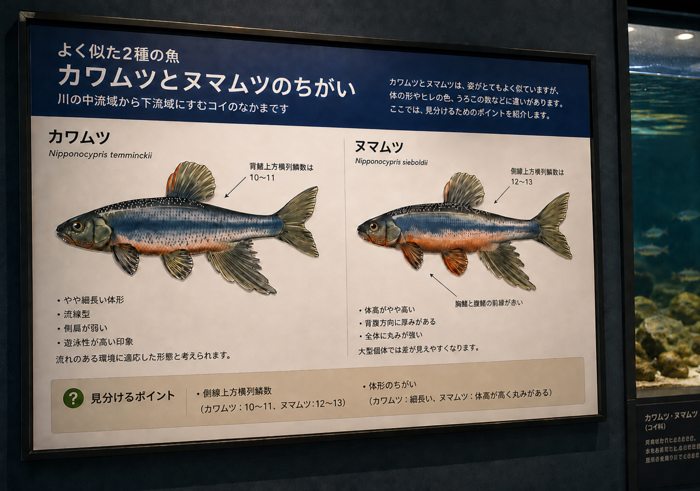水族館展示で使用される魚類比較図版のイメージ。カワムツ（Nipponocypris temminckii）とヌマムツ（Nipponocypris sieboldii）を同一条件で比較し、体高、体型、側線上方横列鱗数、背鰭や腹鰭の色彩差など識別に必要な特徴を解説した展示パネル。
