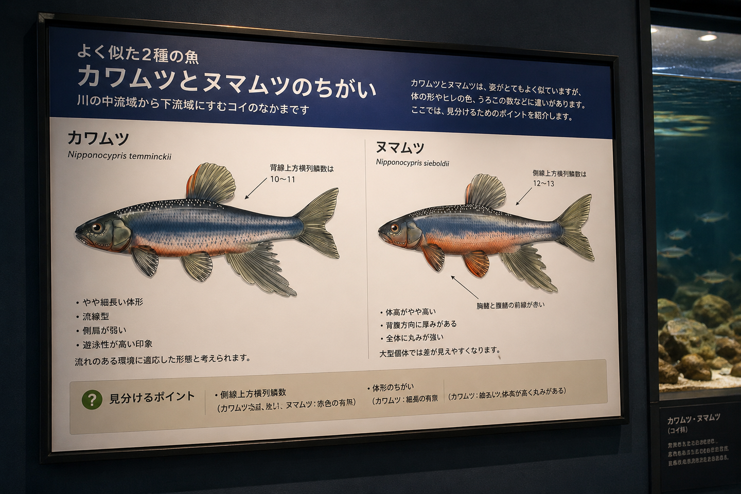 水族館展示で使用される魚類比較図版のイメージ。カワムツ（Nipponocypris temminckii）とヌマムツ（Nipponocypris sieboldii）を同一条件で比較し、体高、体型、側線上方横列鱗数、背鰭や腹鰭の色彩差など識別に必要な特徴を解説した展示パネル。