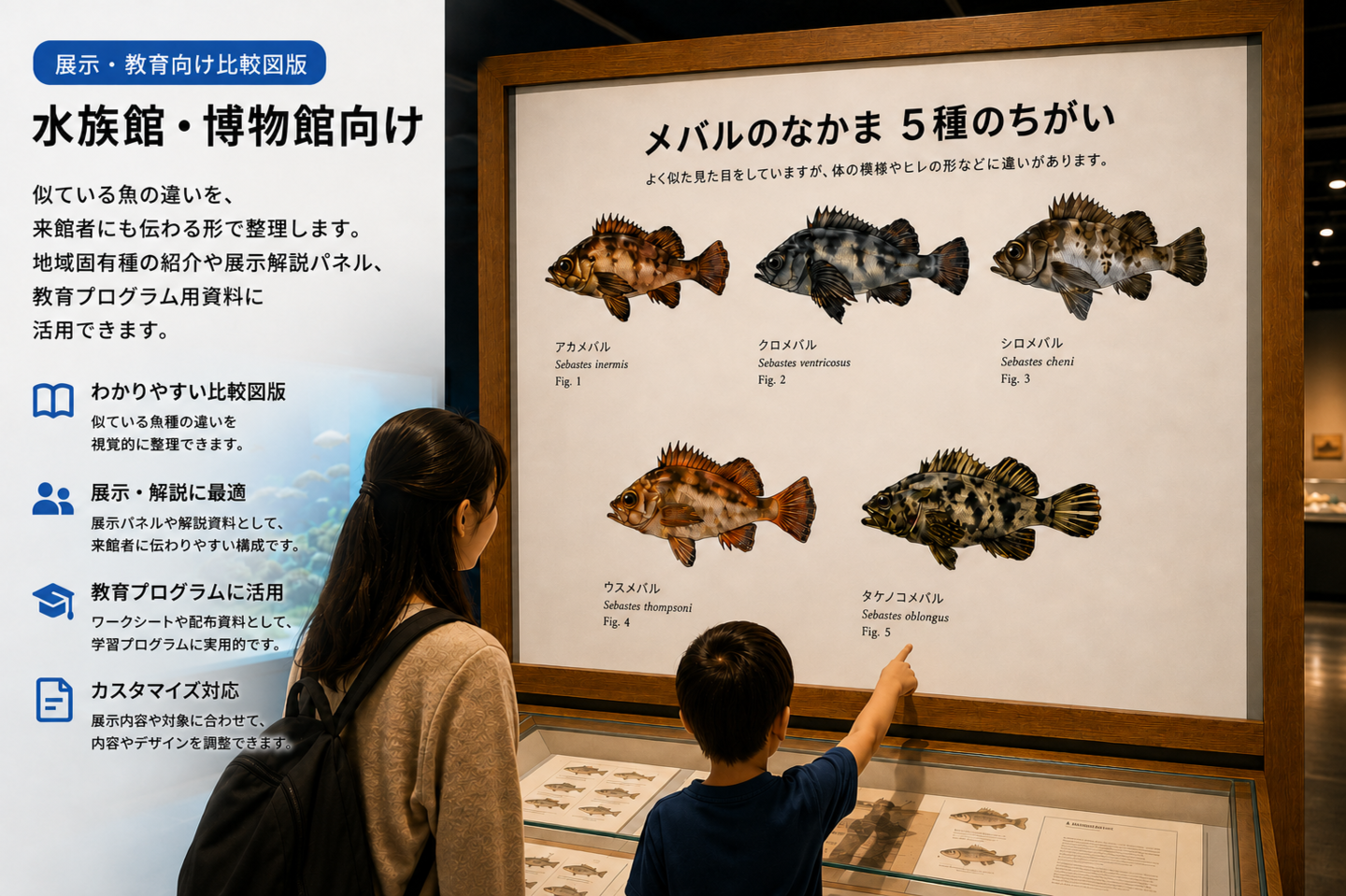 博物館展示室でメバル類5種比較図版を掲載した大型解説パネルを親子が見学しているイメージ。アカメバル、クロメバル、シロメバル、ウスメバル、タケノコメバルの違いを解説する展示活用例。