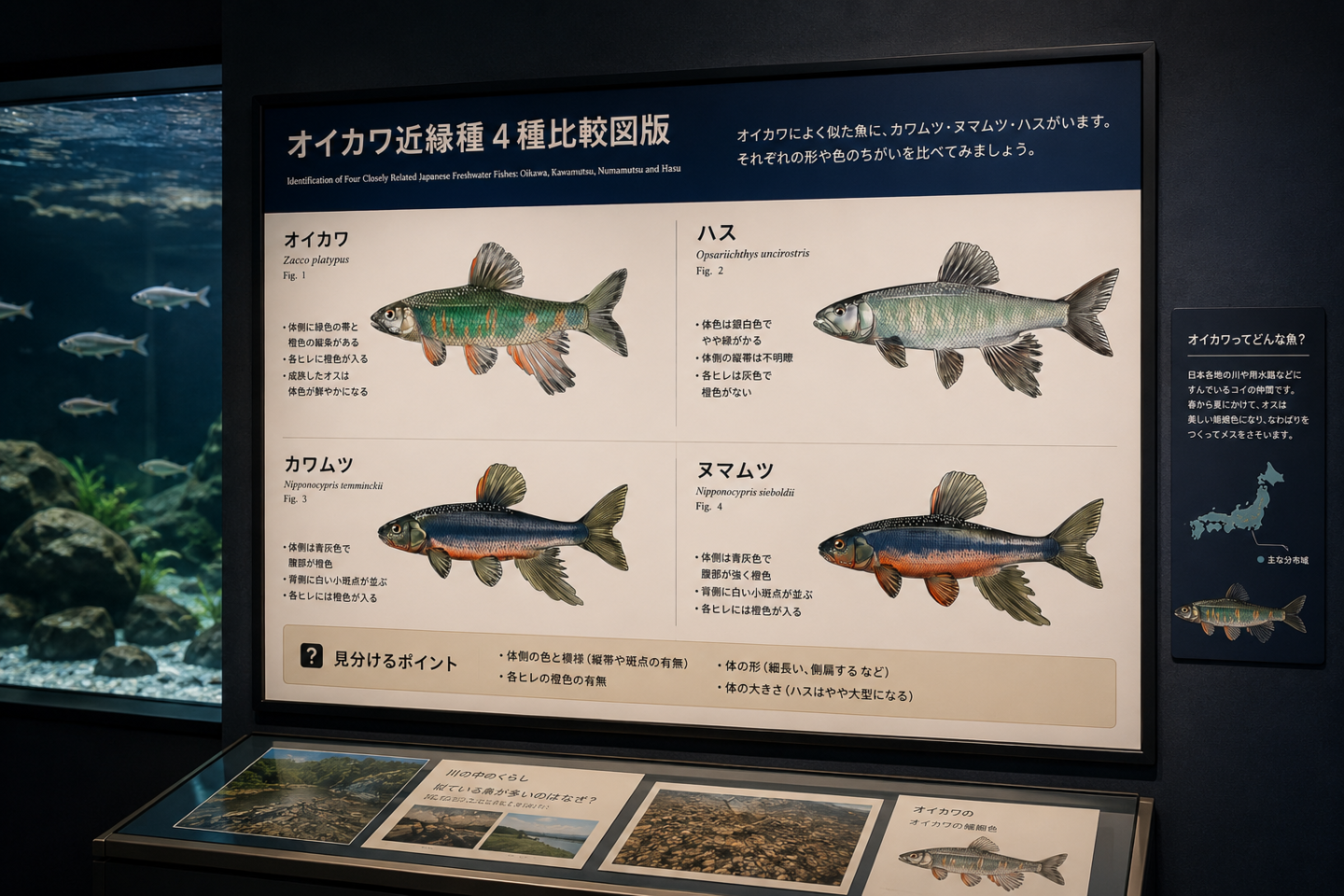 水族館展示室に設置されたオイカワ近縁種4種比較図版の解説パネル。オイカワ、ハス、カワムツ、ヌマムツの形態的特徴や識別ポイントを図解し、来館者が魚種間の違いを学べる展示活用イメージ。