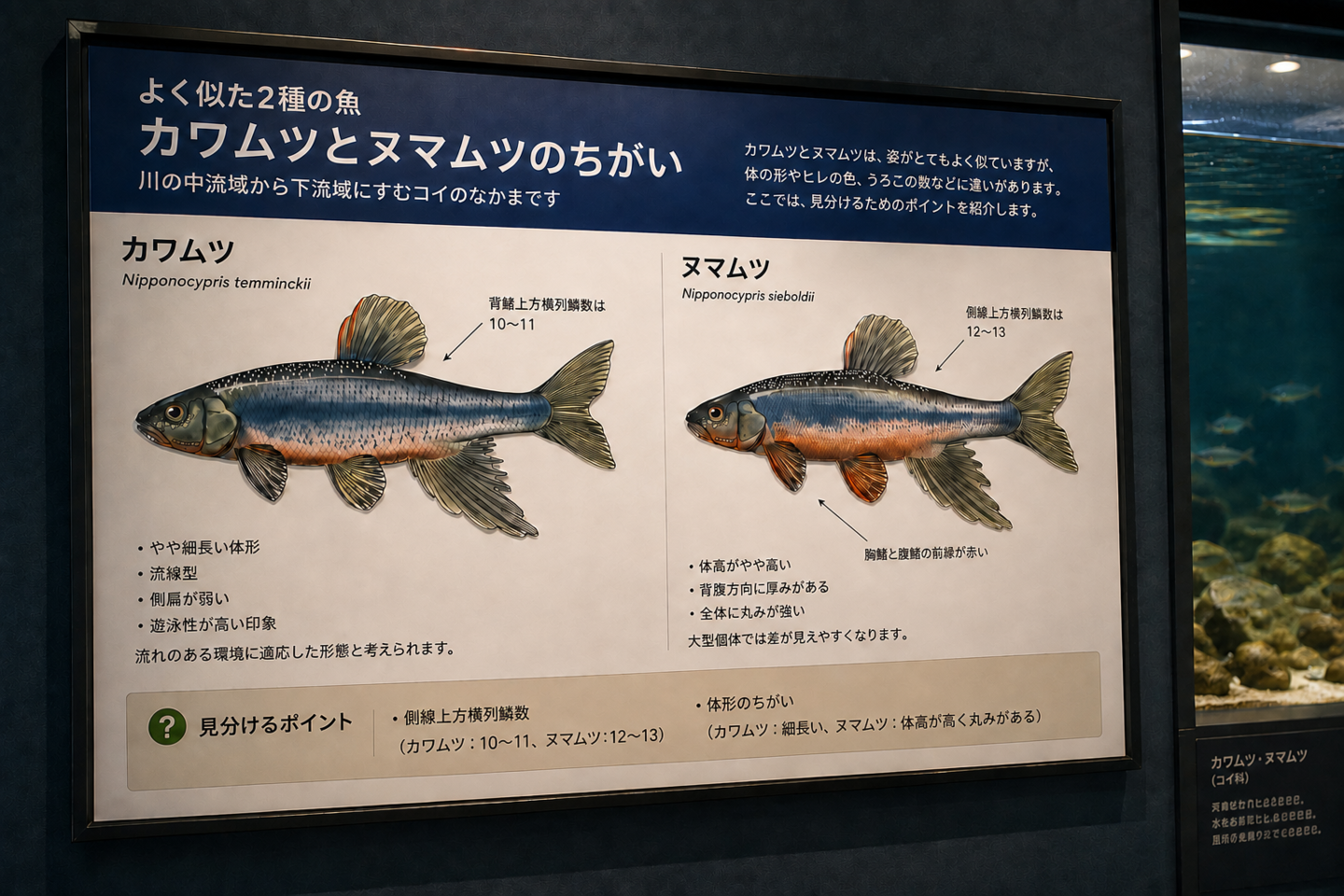 水族館展示室に設置されたカワムツとヌマムツの比較解説パネル。魚類図版を用いて体形、鱗数、ヒレの色彩などの識別ポイントを解説し、来館者が近縁種の違いを学べる展示活用イメージ。