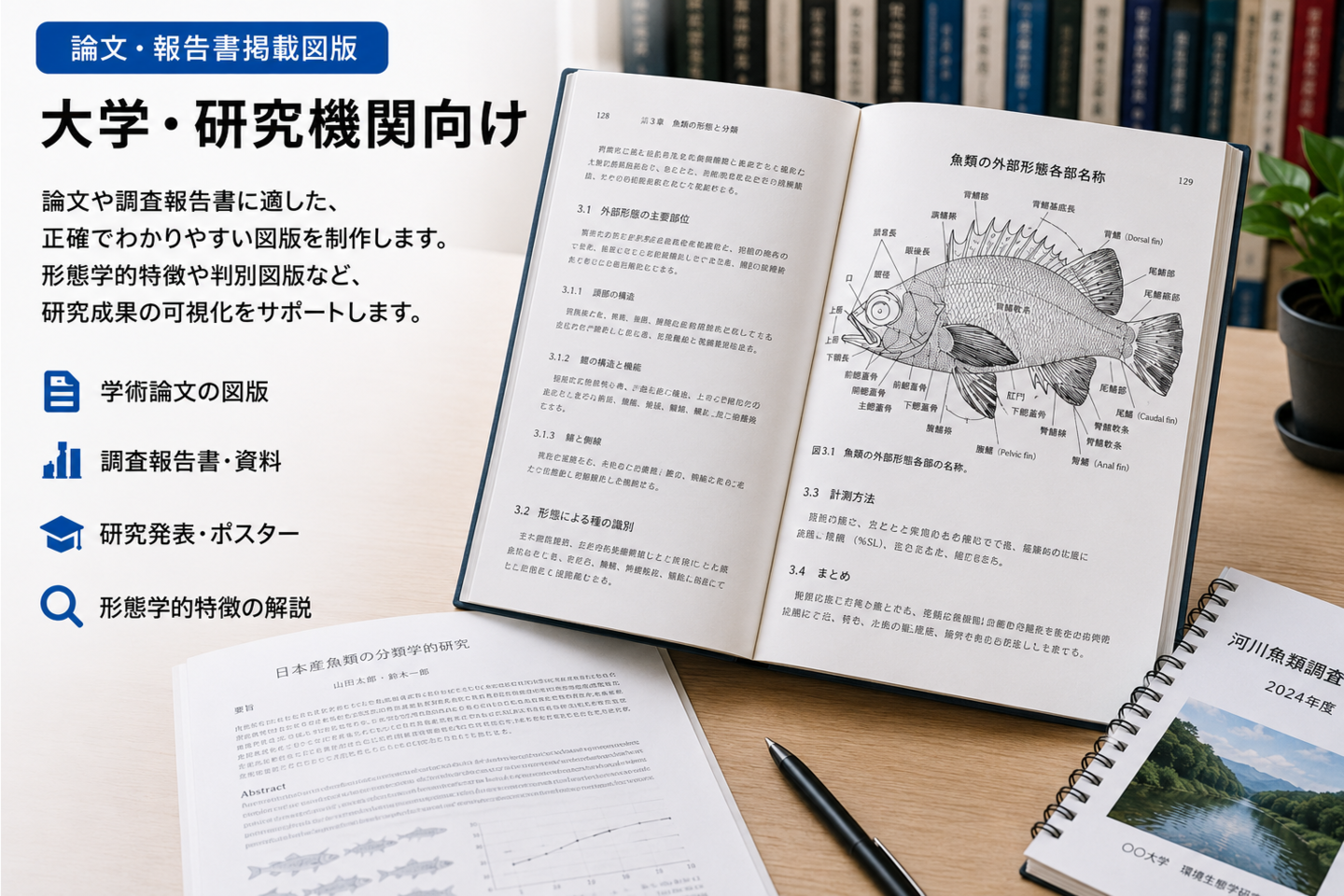 大学・研究機関向けの魚類図版活用イメージ。机上のノートパソコンには魚類外部形態各部名称図が表示され、開いた書籍にはオイカワ、ハス、カワムツ、ヌマムツの比較図版が掲載されている。横には魚類調査報告書が置かれ、論文、研究資料、調査報告書への魚類図版活用例を示している。