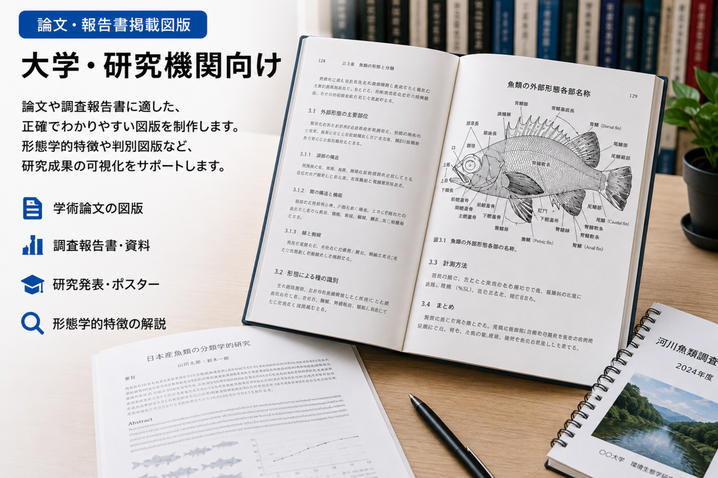 大学・研究機関向けの魚類図版活用イメージ。机上のノートパソコンには魚類外部形態各部名称図が表示され、開いた書籍にはオイカワ、ハス、カワムツ、ヌマムツの比較図版が掲載されている。横には魚類調査報告書が置かれ、論文、研究資料、調査報告書への魚類図版活用例を示している。
