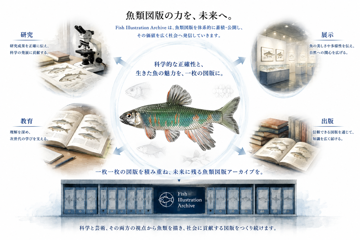 Fish Illustration Archive のビジョンを表現した概念図。中央にオイカワの魚類図版を配置し、その周囲に「研究」「教育」「展示」「出版」の4つの活用分野を配置。魚類図版を体系的に蓄積・公開し、科学的な正確性と魚の魅力を社会へ伝え、未来へ継承するアーカイブ構想を示している。