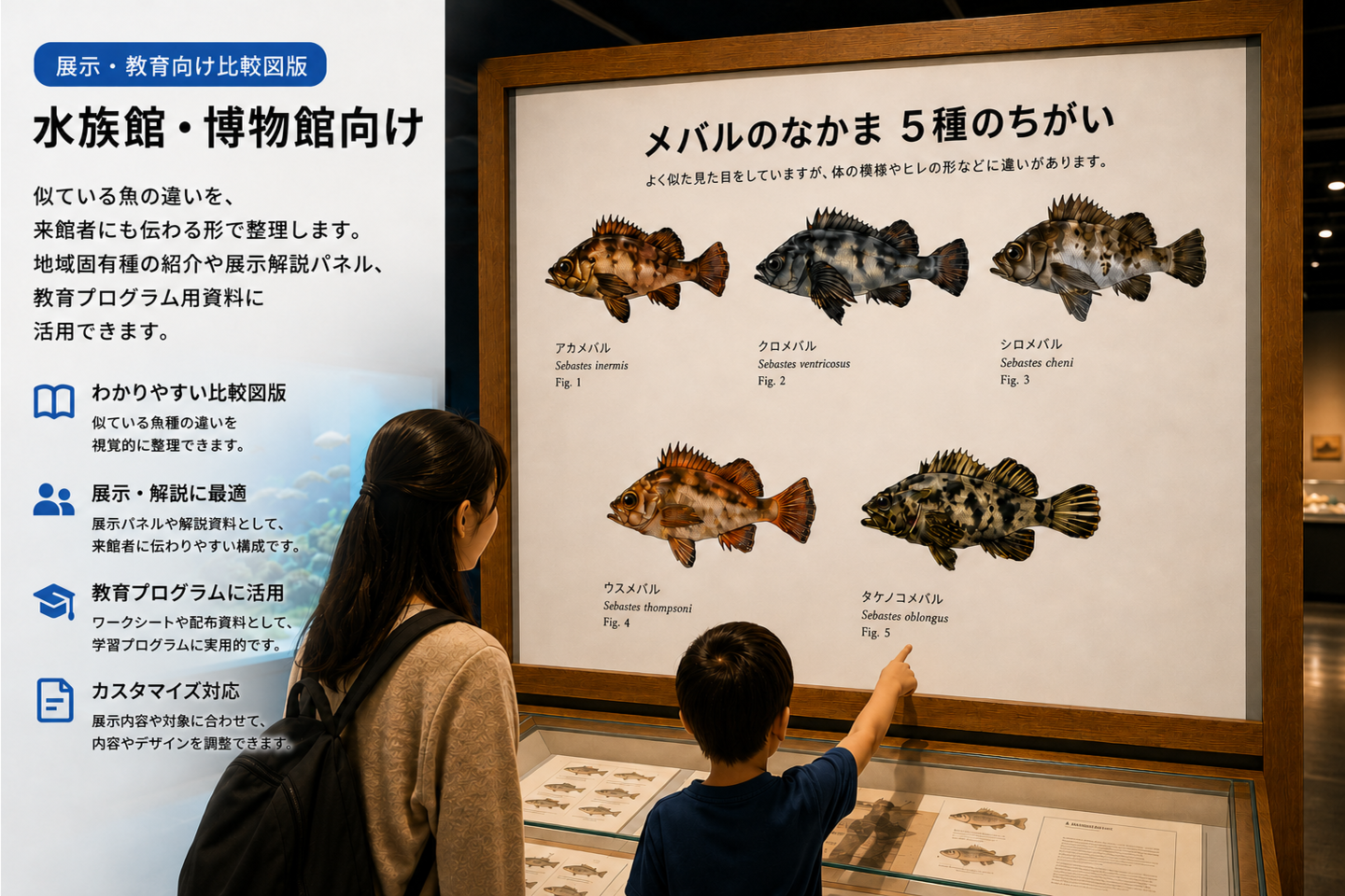 水族館展示室でメバル類5種比較図版を掲載した大型解説パネルを親子が見学しているイメージ。アカメバル、クロメバル、シロメバル、ウスメバル、タケノコメバルの違いを解説する展示活用例。