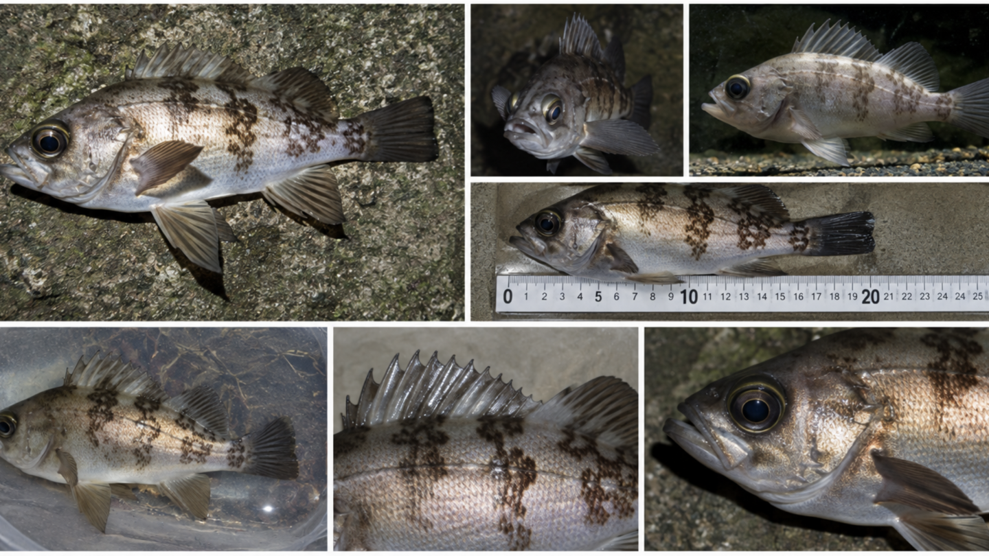 Multiple reference photographs of Sebastes cheni, showing the fish from different views and close-up details of body shape, coloration, markings, fins, scales, and head morphology for scientific observation.