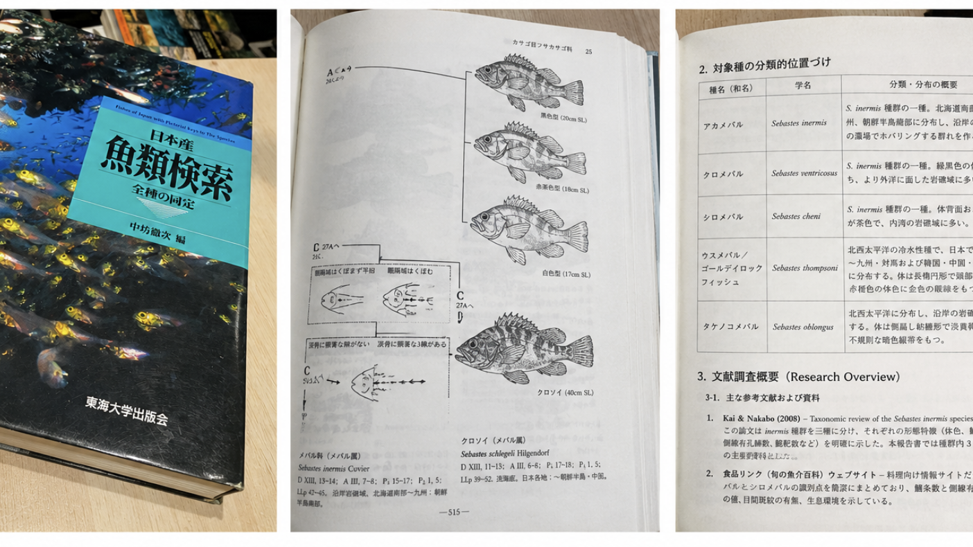 Scientific references used for fish identification and morphological study, showing Fishes of Japan with Pictorial Keys to the Species, an identification key for Sebastes, and enlarged examples of meristic and diagnostic characters.