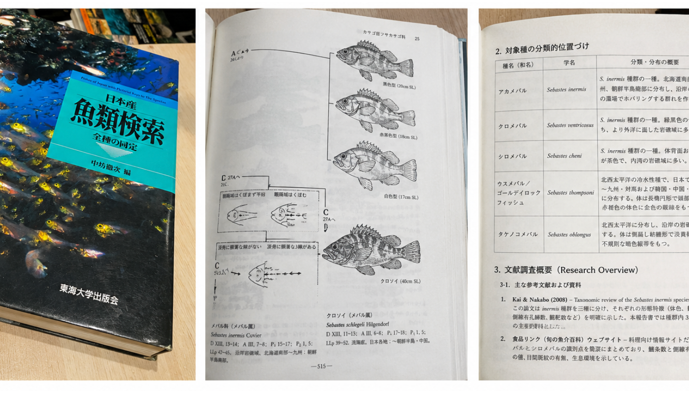 魚類図鑑と学術資料を開き、魚種の形態図、識別形質、分類情報、参考文献を照合している資料確認の様子。