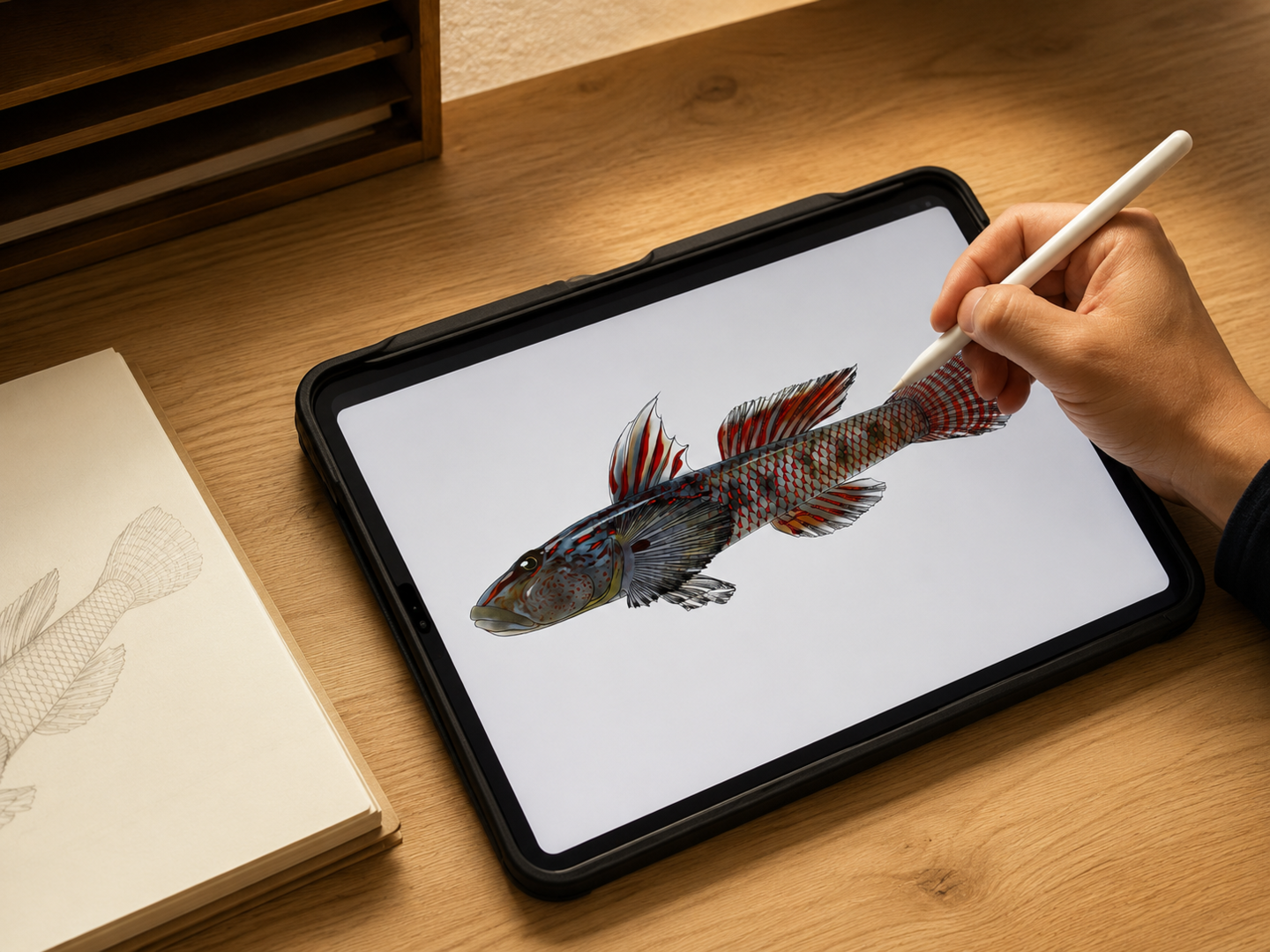 木製の机上で、資料スケッチを参照しながら、タブレットとスタイラスペンを用いて魚類図版を描く制作風景。